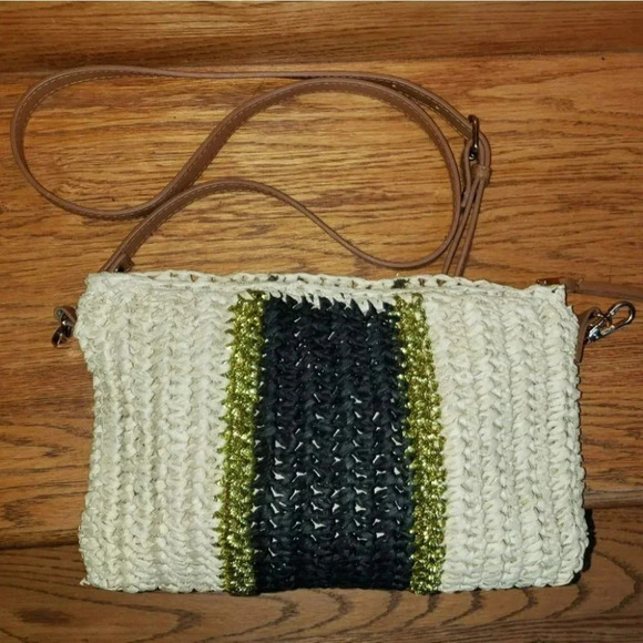 INC black/cream/gold straw colorblock crossbody bag with tan strap - Picture 2 of 7